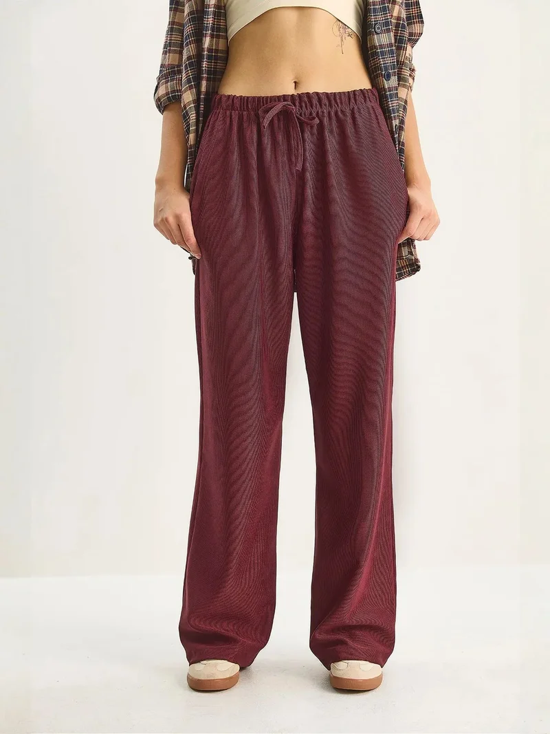 Bianco Lucci Burgundy Red LUCCI High Waist Wide Leg Pants for Women | Best Price UAE